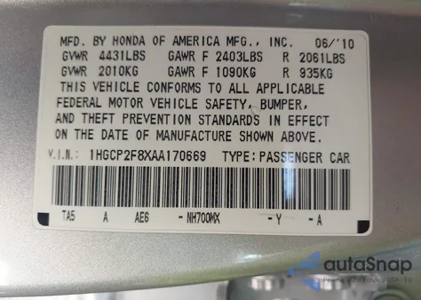 2010 Honda Accord 2.4 Ex-L from USA, damaged, VIN 1HGCP2F8XAA170669